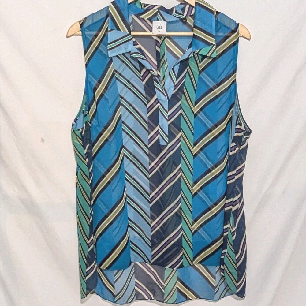 Cabi Blouse Womens Size XL Blue Green Chevron Stripe Sleeveless Sheer Style 3780